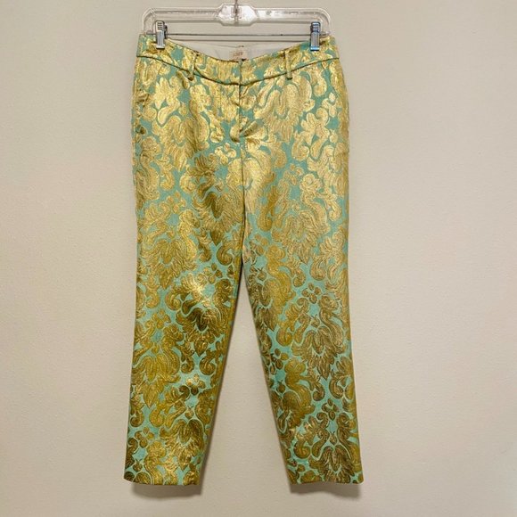 J. Crew Factory Pants - J.Crew Factory Mint and Gold Brocade Capri Pant Size 2